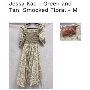Jessa Kae - Green and Tan Smocked Floral Dress - M